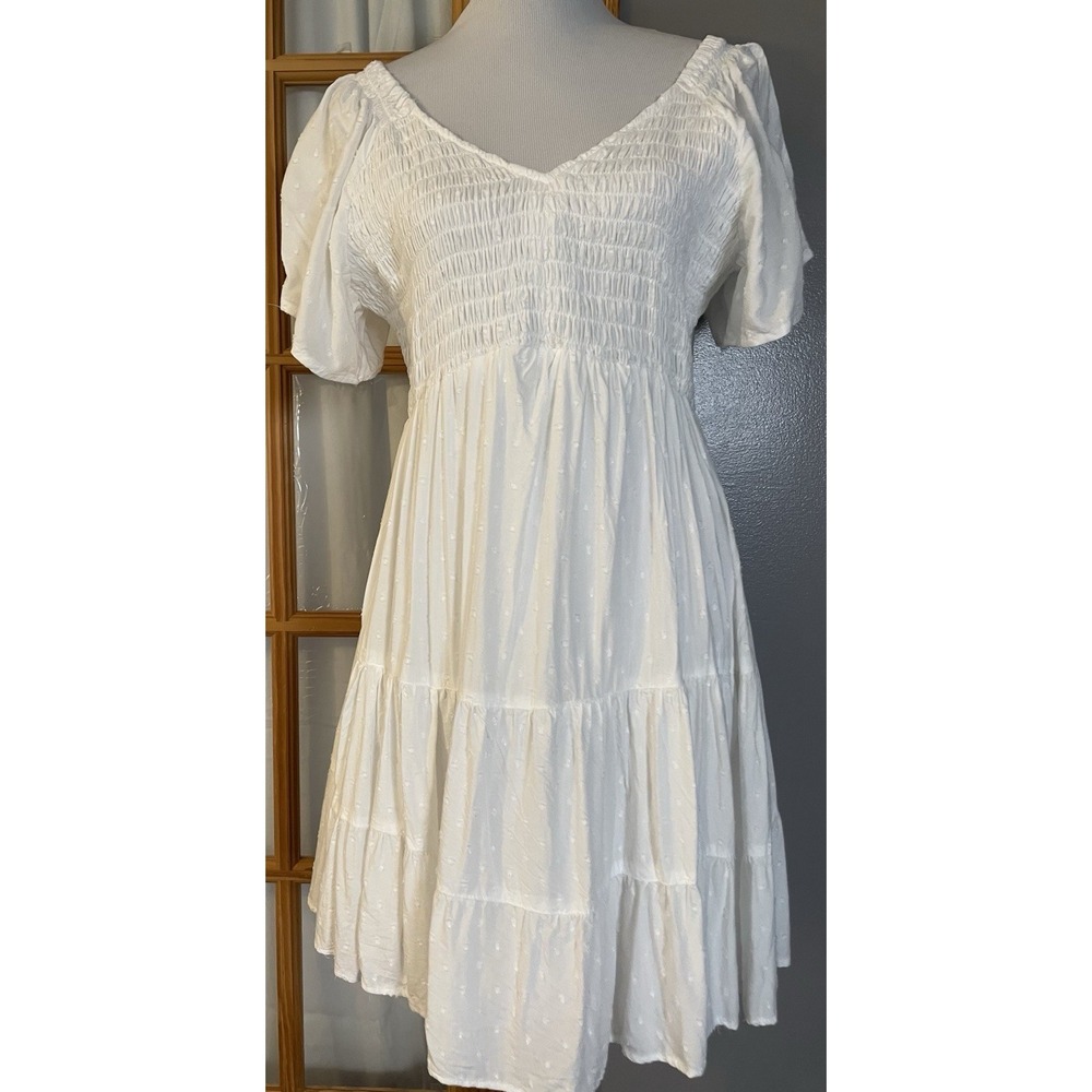 Vtg 80s Angie Babydoll Mini Dress 1X White Smocked Bobblets Beach Coastal